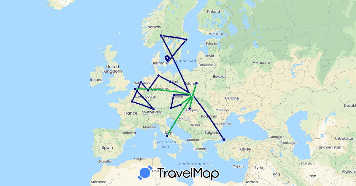 TravelMap itinerary: driving, bus in Austria, Belgium, Switzerland, Czech Republic, Germany, Denmark, France, Hungary, Italy, Netherlands, Norway, Poland, Sweden, Turkey (Asia, Europe)